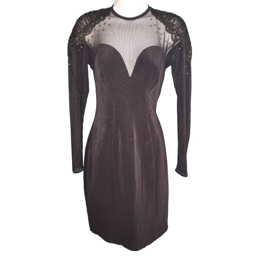 Vintage Tadashi Bodycon Sheer Top Rhinestone Black Dress Medium USA Made Beauty